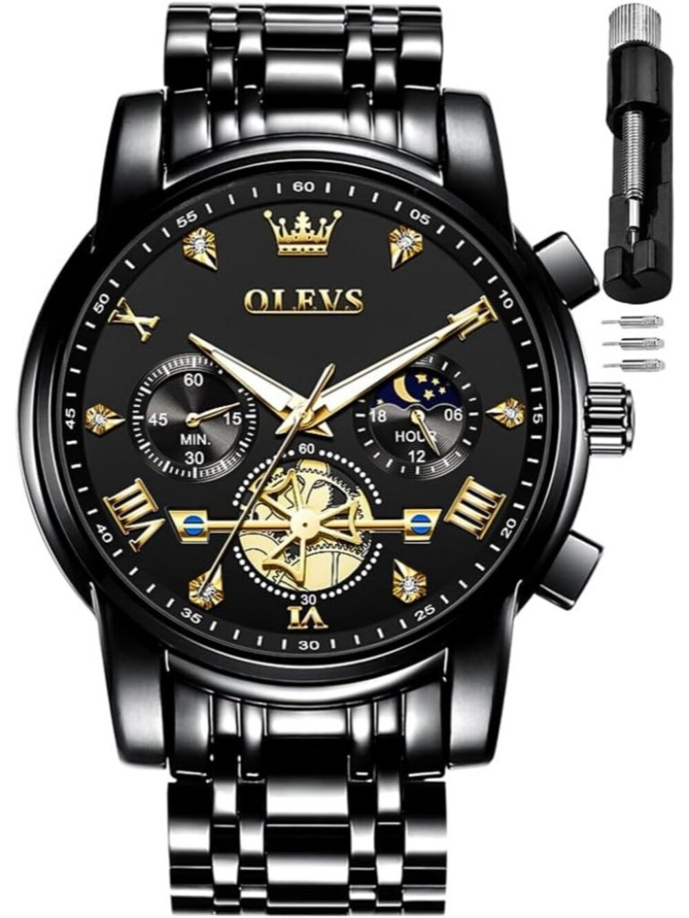 Men's Black Skeleton Stainless Steel Diamond Multi Calendar Chronograph Watch